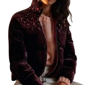 Anthropologie Maeve Vera Sequined Velvet Puffer Jacket Plus Sz 2XL Wine Burgundy